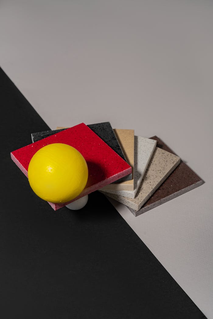 Artistic arrangement of tiles and a yellow ball on monochrome background.